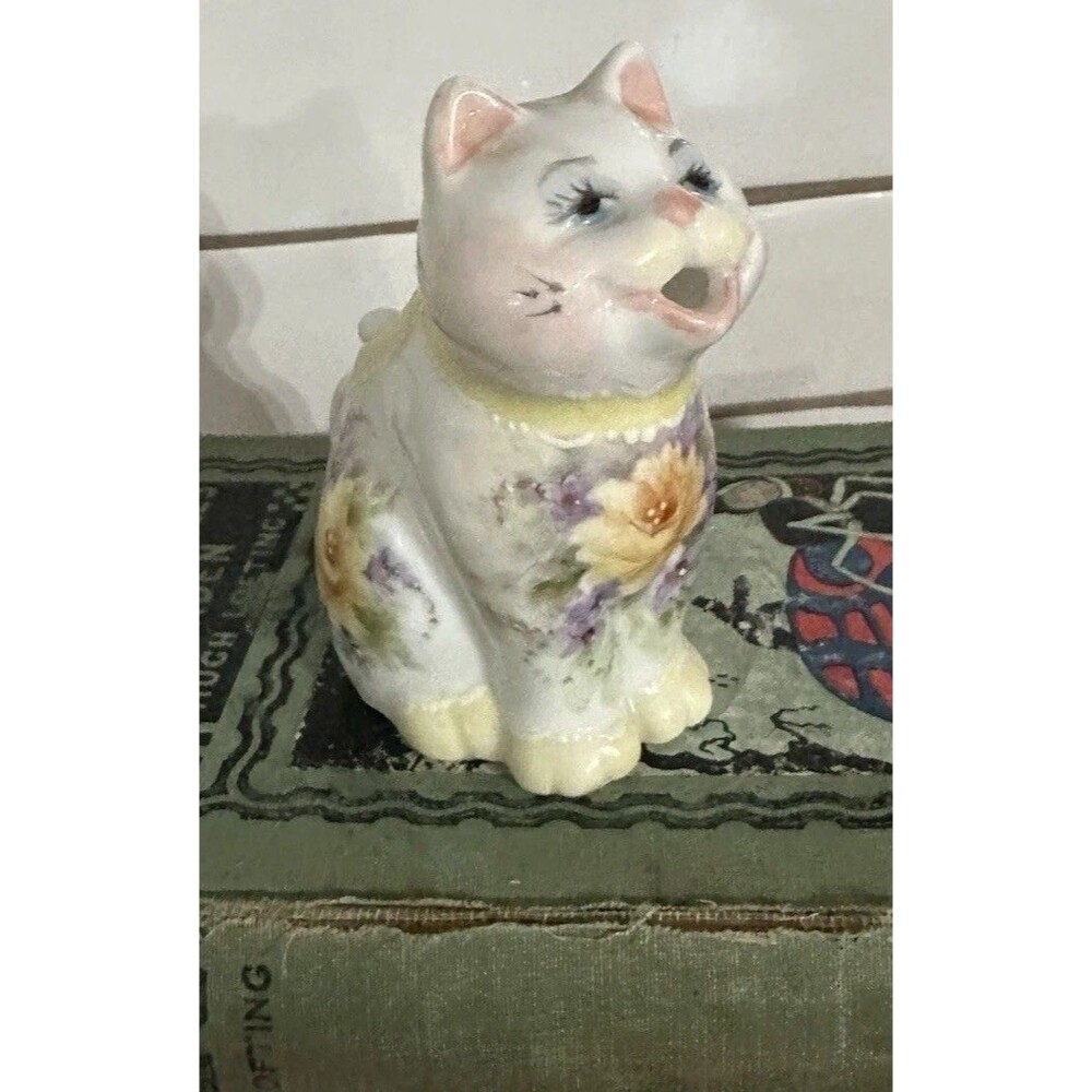 Vintage Artisan Hand-Painted Yellow Floral Ceramic Pottery Kitty Cat Creamer